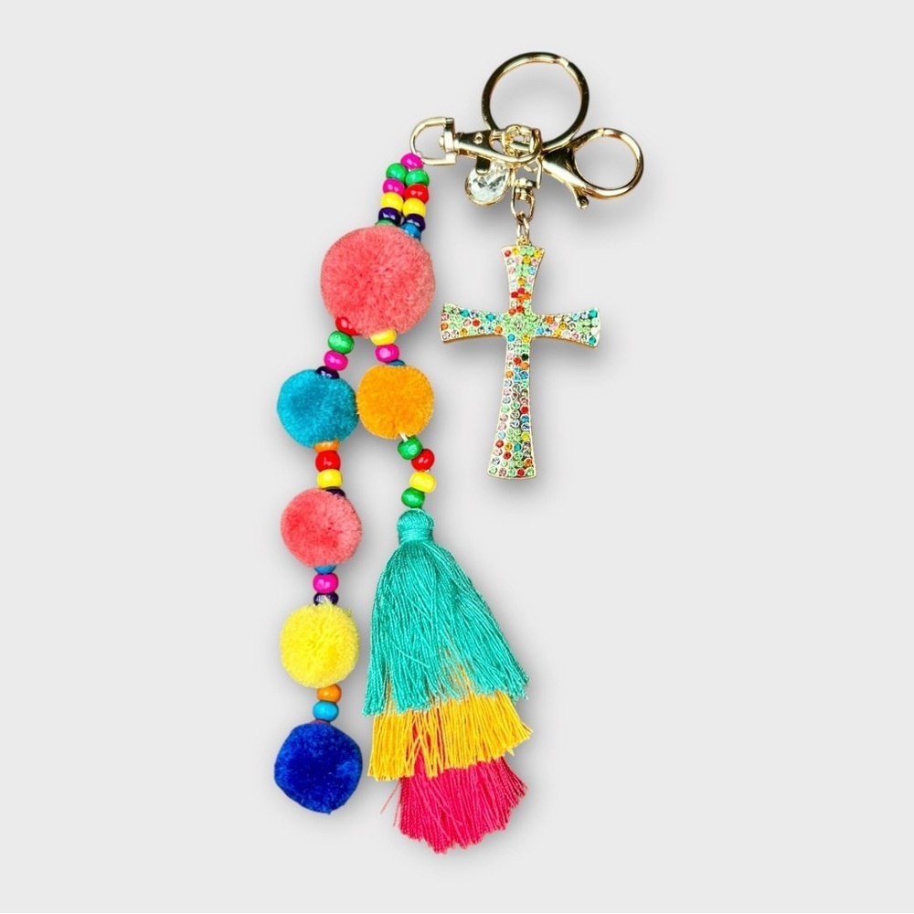 Bag Charm Cross and Tassel, Pom, and Beads, Gold and Multicolor - Picture 4 of 4